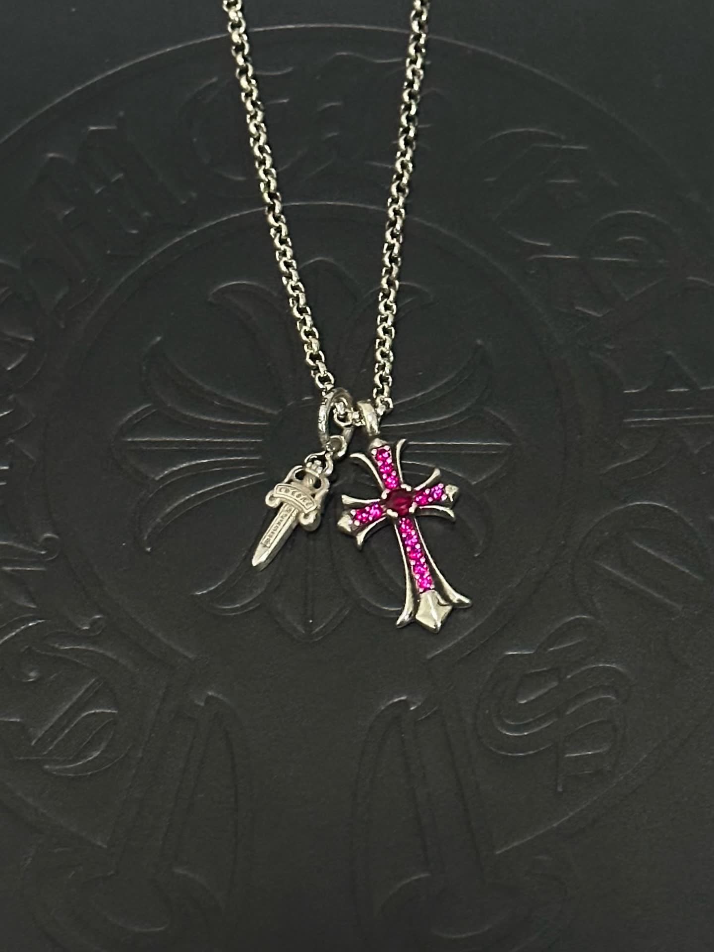 Chrome Hearts Silver Cross Pendant with Pink Stones